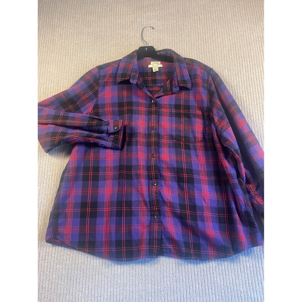 L.L. Bean Flannel Shirt Womens 1X Relaxed Fit Plaid Button-down Black Purple